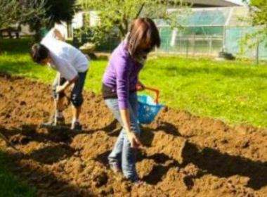 Zwei Schüler bereiten das Beet vor